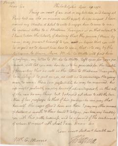 Signed letter from Thomas Jefferson to Gouverneur Morris requesting assistance with hiring a French chef, written and sent in 1792 (est. $14,000-$16,000).