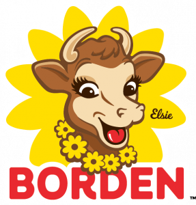 Borden Dairy logo features Elsie the Cow, a brown cow with yellow flowers around her neck. Borden is at the bottom of the logo in bold, red lettering.