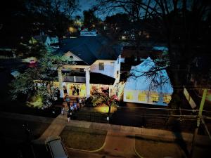 An overhead look at the mansion at night.