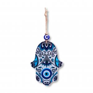 Blue hamsa hand with evil eye for protection made from glass