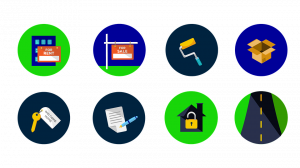 Eight coloured circles containing illustrations of a for rent sign, a for sale sign, a roller brush, a cardboard box, a key, a document being signed, a house with a padlock and a road