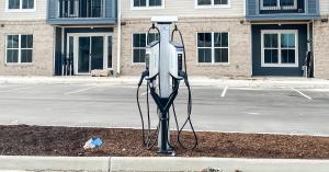 SemaConnect Series 6 EV charging stations on a dual pedestal outside the new Pearl apartments