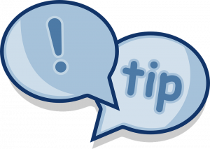 Exclamation mark and 'tip' in speech bubbles