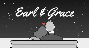 drawing in black and white showing man and woman from back sitting on bench with heads together and a red heart with the name Earl & Grace at the top