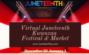 On the stage we have Umoja Events Annual Kwanzaa Festival hosted by the Juneteenth Summit board. This flyer invites guest to register at https://bit.ly/Kwanzaafestival to attend our event.
