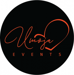 Umoja Events logo in red with black background