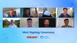 Virtual MOU signing between maxon and Fourier Intelligence. Top, left to right: Martin Zimmermann, Zen Koh, Eugen Elmiger, Owen Teoh; Bottom, left to right: Daniel Law, Tai Zhi Kang, Stefan Roschi, Jake Kee.