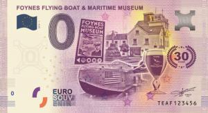 The commemorative 0 Euro souvenir banknote made for the Foynes museum by Euro Note Souvenir Limited in Headford, Co. Galway.