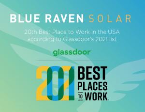 Photo of Glassdoor award and Blue Raven Solar logo