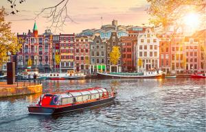 A river scene of Amsterdam in the Netherlands