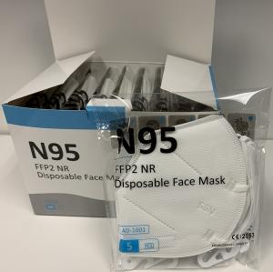 AnDum N95 face mask box, open, with package of five white N95 masks sitting in front