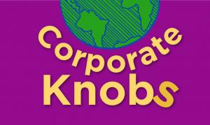 logo corporate knobs with illustrated world and the words corporate knobs with the S out of alignment