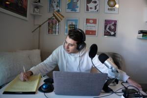 Podcast host, Ben Marullo, gets ready to record a new episode
