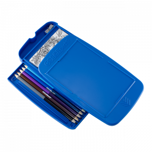 COLORpockit™ is a portable coloring system with a lightweight, durable, high-quality plastic case containing 12 coloring postcards, 12 double-sided colored pencils, and a built-in sharpener.