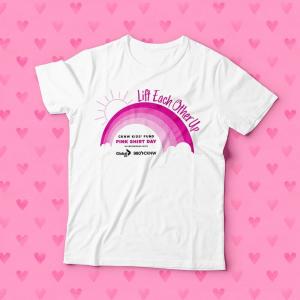 The 2021 Pink Shirt Day t-shirt with message of Lift Each Other Up is displayed against a pink background