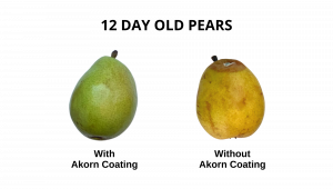 Side-by-side comparison of fresh pears with and without Akorn edible coating