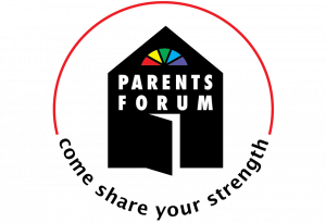 Parents Forum logo: house with open door and five-section fan light (window) over the door to represent the five areas of our lives: self, relationships, work, leisure and service.
