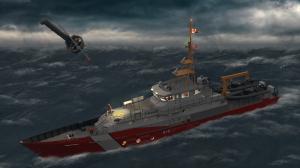 In this illustration, Canadian Coast Guard personnel launch a V-BAT UAV from the flight deck of a hero class vessel. The V-BAT has operational capabilities in adverse weather.