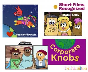 four logos of shows potato family, positivity pinata, project spudway and corporate knobs