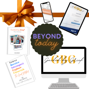 This is image of a collection of devices and books: a tablet, a smart phone, a desktop and a Guided by Grief Always Remember book by Lisa Bovee, and The Grief Method book by Lisa Bovee with a burnt orange colored ribbon and bow.