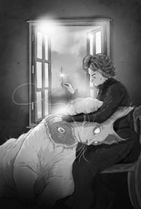 a black and white illustration of a woman sewing a giant cat's head back on to its body.