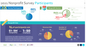 Survey participants were predominantly leaders within their nonprofit and came from a range of sectors. 50% were under $1M and had 1-10 employees.