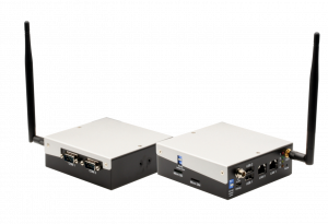 The image shows the SRG-3352C system in two views, front and rear, displaying it's I/O ports and antenna layout.