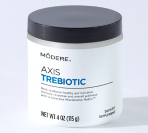 "Jar of Modere Axis TreBiotic 3-in-1 probiotic science formula"