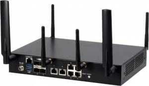 The image shows the FWS-2365 network appliance front view, with six antennas, four SFP+ ports and six Gigabit LAN ports.