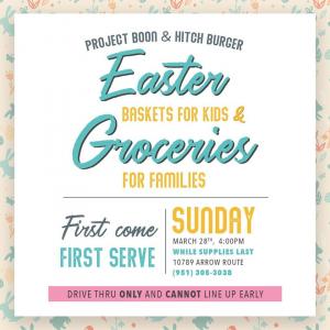 Project Boon's upcoming Easter event at The Hitch Burger Grill on March 28th at 4:00 PM