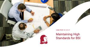 Image of architects and engineers reviewing plans with words maintaining high standards for BSI, a Guildhawk case study for British Standards Institution beside the copyright Guildhawk symbol of an Aspirational Girl wearing a red scarf