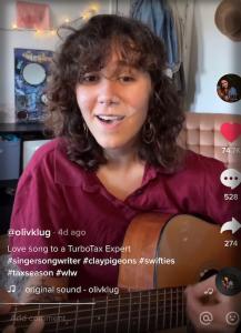 A video still grab of Olivia Klugman's TikTok Post "Love Song to a Turbo Tax Expert"