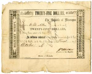 Nicaragua. William Walker Military Script, 1856 Issued $25 Banknote Rarity, 9 x 7 inches, S/N 815, Issued to W.M. Allen for $25 for Military Services, signed by Wm. Walker as President of the Republic; also signed by the Minister of the Hacienda, F. Ferre