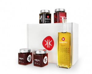 Beautiful Packages of olive oil, honey and olives