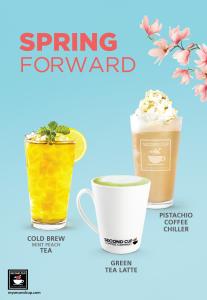 Second Cup spring line up of new beverages, cold brew mint peach tea, green tea latte and pistachio coffee chiller