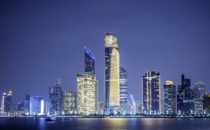 Abu Dhabi city view during blue hour, taken from marina break water