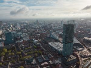 Manchester City Centre Drone Aerial View Above Building Work Skyline Construction Blue Sky Summer Beetham Tower Deansgate