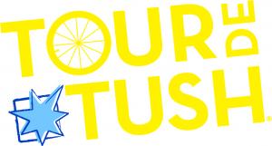 Tour de Tush logo. Yellow logo with blue Colon Cancer Coalition star. A bike wheel is the "o" in Tour.