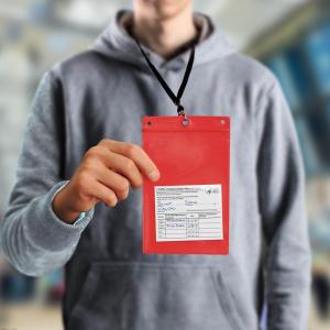 Man wearing a red plastic pocket on a lanyard around his neck, with vaccine card inside.
