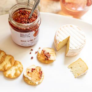 Cheese plate with Rosé Wine Jelly with Pink Peppercorns