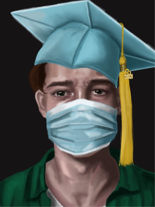 Artwork from teen student Jordan Divers showing high school graduate during COVID-19 pandemic in cap and gown ... and a face mask.