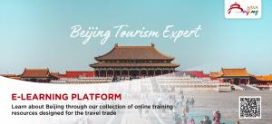 Poster for the Beijing Tourism Expert e-learning platform for travel agents with a background image of the Forbidden City