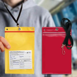 Man wearing a red plastic pocket on a lanyard around his neck, with vaccine card inside.