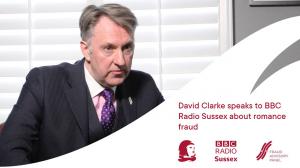 Photograph of David Clarke Guildhawk Director of Integrity and swoosh banner beneath with words Speaks to BBC Radio Sussex about Romance Fraud