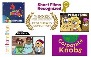 Images of animated characters for Project Spudway with potato people designers, Positivity Pinata with a pinata jumping across a moon, Corporate Knobs with a world graphic, Potato Family with potato people