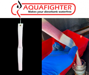 Image shows the Aquafighter logo with before and after Aquafighter use.  We see the Aquafighter as a new product from the package and also the Aquafighter after being in the tank and capturing water. This shows visual confirmation of water capture and easy maintenance.