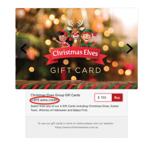 A screen capture that displays how the 10% extra value is added to gift cards. A gift card appears at the top. Below it, the total value $150 appears. To the left of that, the 10% extra credit value ($15) appears in a red circle.