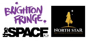 North Star logo black with outline of woman with suitcase and theSpaceUK and Brighton Fringe logos