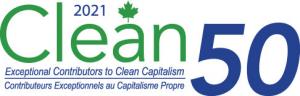 The Clean50 logo is the word Clean in green, and the digits 50 alongside. Beneath the word "Clean", the tag line "exceptional contributors to clean capitalism" appears in both French and English