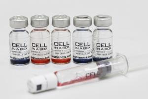 Vials and Syringe containing Cell-in-a-Box capsules filled with living cells